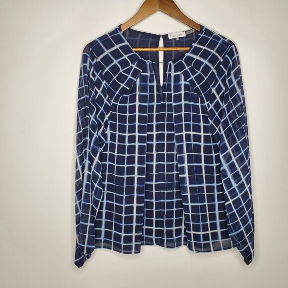 Calvin Klein Womens Blue Windowpane Plaid Long Sleeve Blouse Size L Career Work - Picture 1 of 9